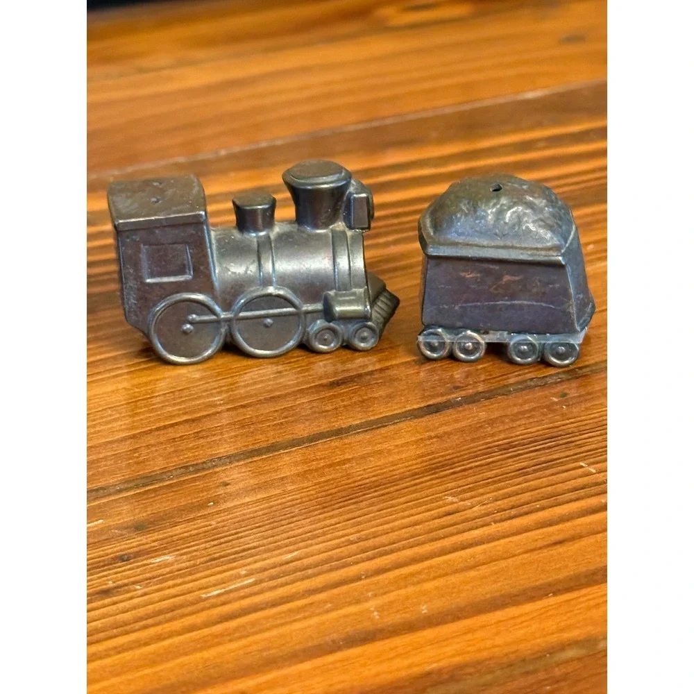 Vintage Train Salt and Pepper Shakers Metal Locomotive Tender Japan Silver Good